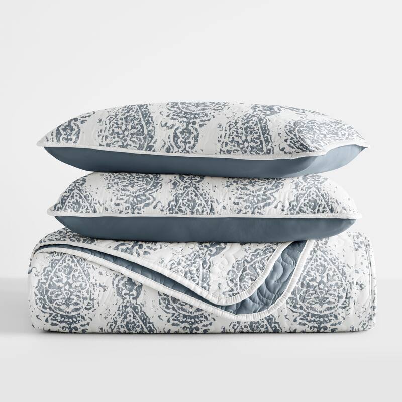Becky Cameron All Season 3 Piece Distressed Damask Reversible Quilt Set with Shams - Dusk Blue - Twin