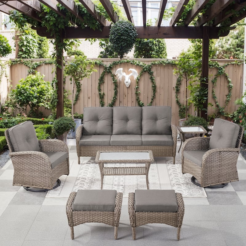 Pocassy Patio Outdoor Sofa Swivel Chairs with Ottman Table Set - Gray Wicker Gray Cushion - 7-Piece Sofa Swivel Chiar Ottoman with Table