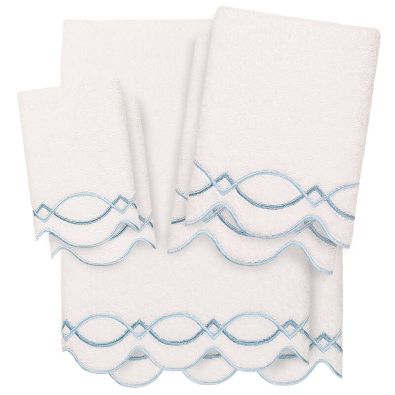 Authentic Hotel and Spa 100% Turkish Cotton DIAMOND CHAIN Scallop Embellished Towel Collection - White/Blue - 6 Piece Set