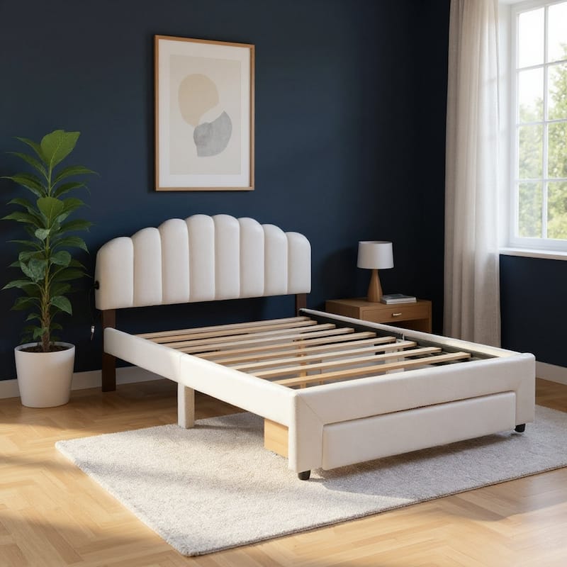 HomeRoots White Tufted Boucle Lighted Queen Bed Frame With USB And Drawer - Queen