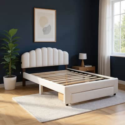 HomeRoots White Tufted Boucle Lighted Queen Bed Frame With USB And Drawer