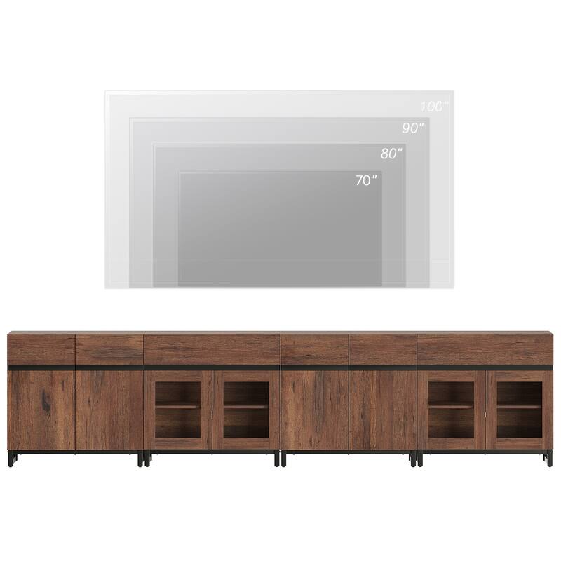 Modern 4-in-1 TV Stand for 120" TVs, Console with Glass Doors & 2 Drawers, Adjustable Shelf