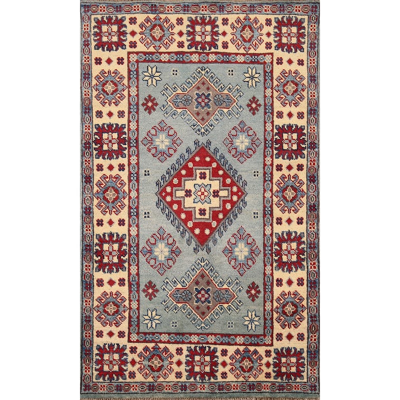Light Blue Geometric Kazak Accent Rug Hand-Knotted Wool Carpet - 2'7" x 4'3"