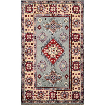 Light Blue Geometric Kazak Accent Rug Hand-Knotted Wool Carpet - 2'7" x 4'3"
