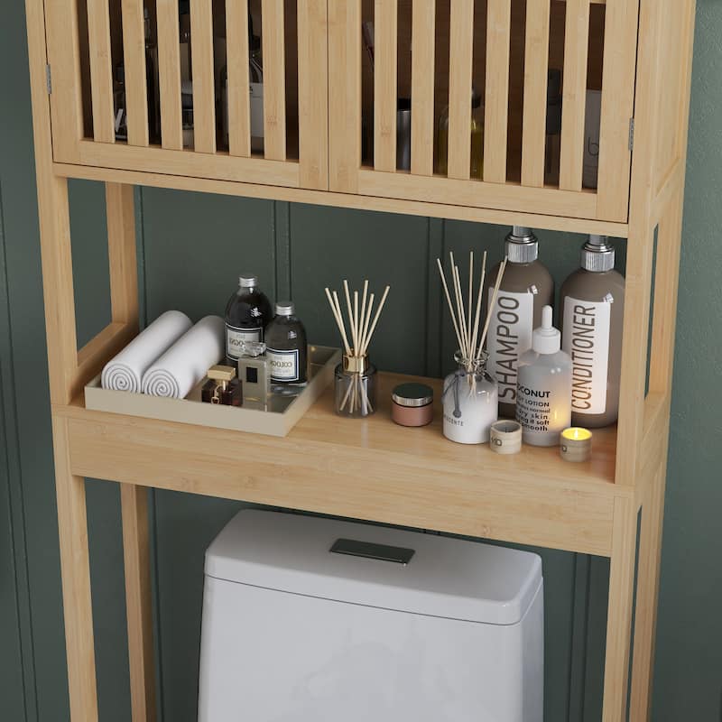 HOMCOM Bamboo Over the Toilet Storage Cabinet, Over Toilet Bathroom Organizer with Slatted Doors, Adjustable Shelf