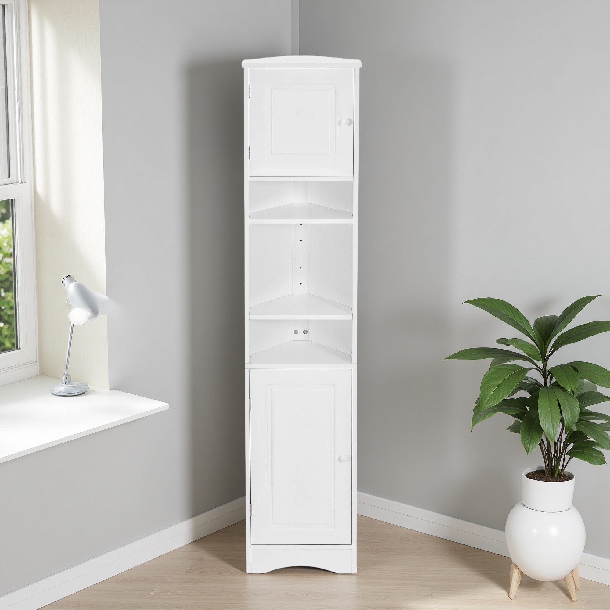 67"H Multi-Functional Corner Cabinet Tall Bathroom Storage Cabinet with Two Doors and Adjustable Shelves, Open Shelf