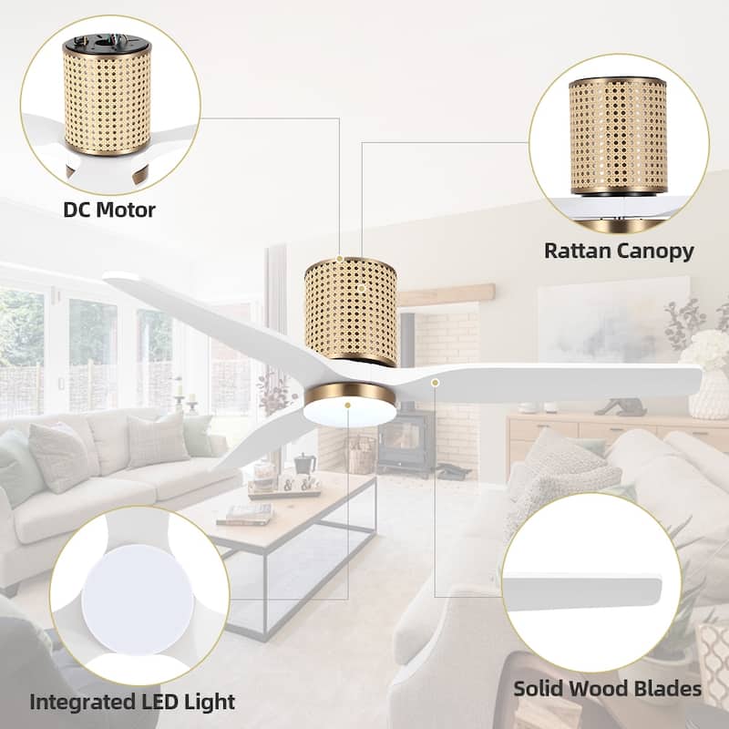 MLiAN 52 In. 3 Solid Wood Blades Flush Mount Ceiling Fan with Light Kit - 52"