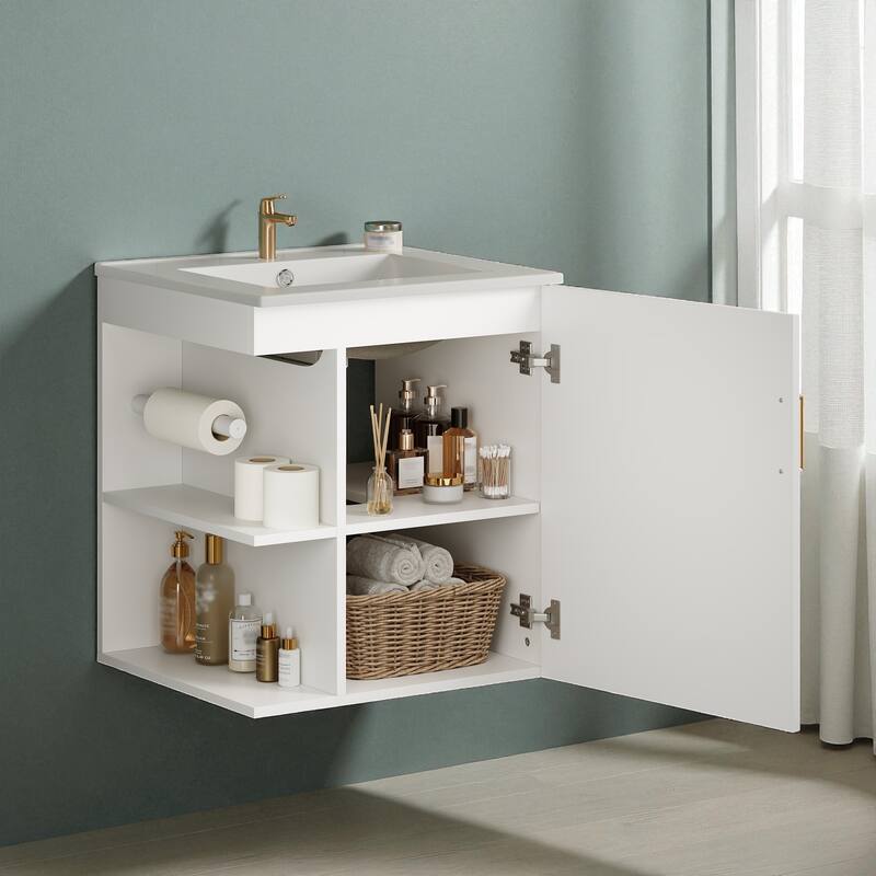 20" Wall Mounted Bathroom Vanity with Sink, Solid Wood & MDF Floating Cabinet, Side Shelf & Soft-Close Door