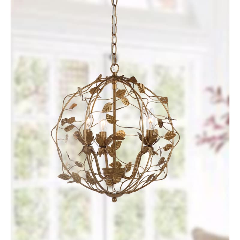 SAFAVIEH Lighting Austen Adjustable 3-light LED Gold Leaf Cage Chandelier - 17" x 17" x 20.75-92.75"