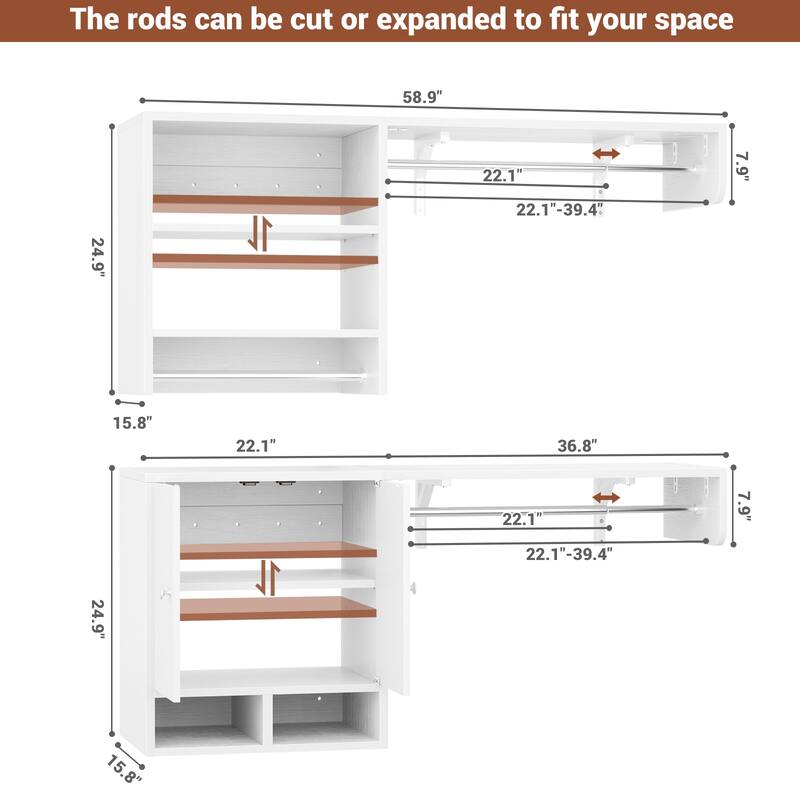 88.4'' - 117.8'' Closet System (Can Be Cut To Fit), Reversible Laundry Wall Cabinet with 3 Hanging Rods & Adjustable Shelves