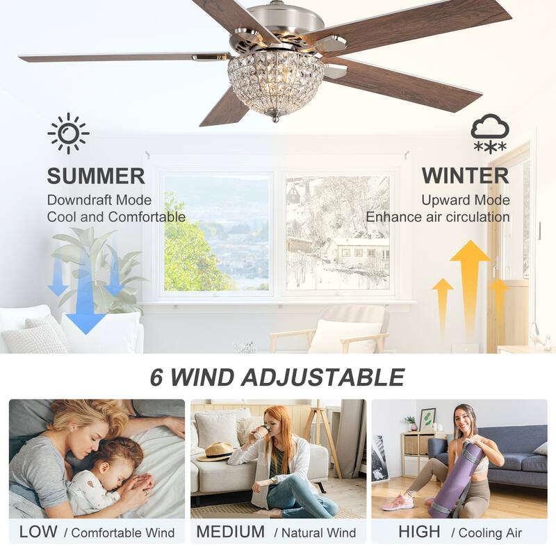 52-Inch Modern Crystal Fandelier Ceiling Fan with Light and Remote (5 Reversible Blades)