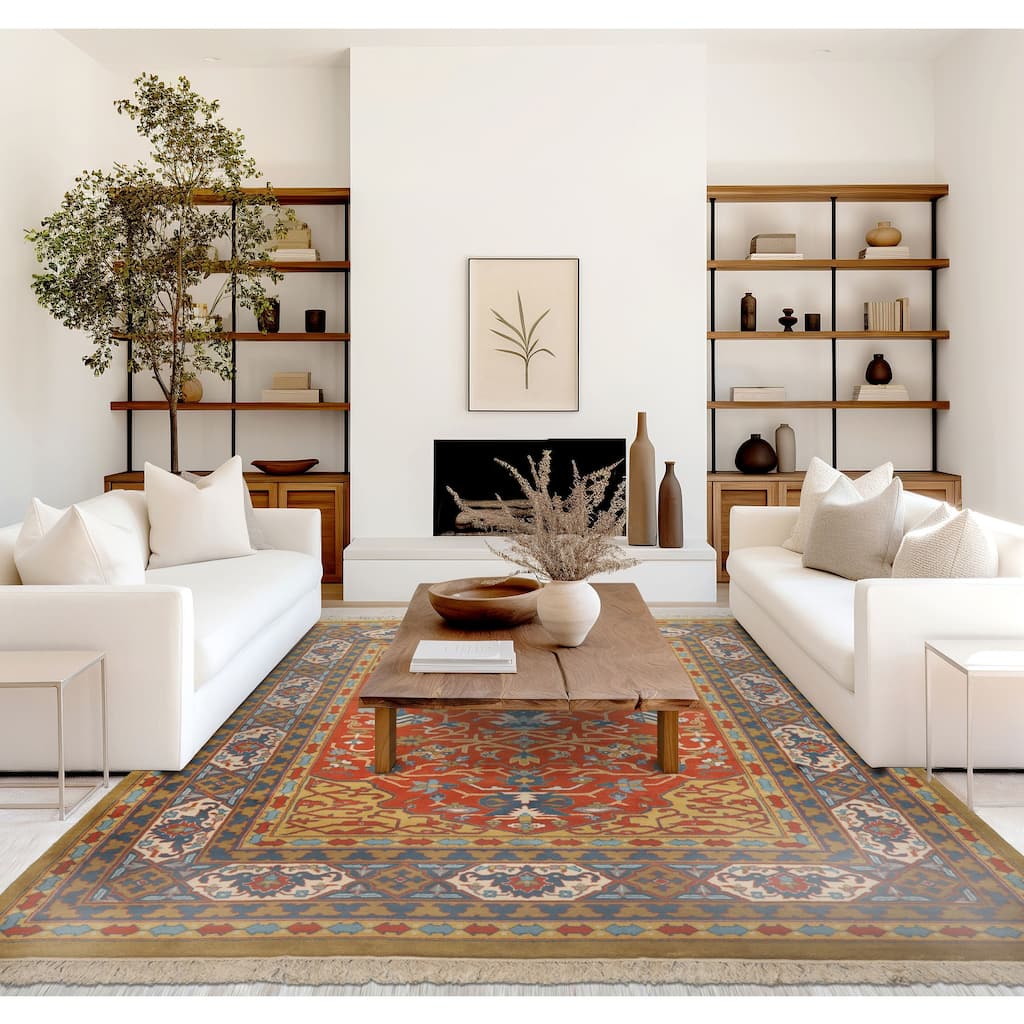 7'11''x9'11'' Hand Knotted Wool Orange Heriz Traditional Area Rug - 7' 11'' x 9' 11''