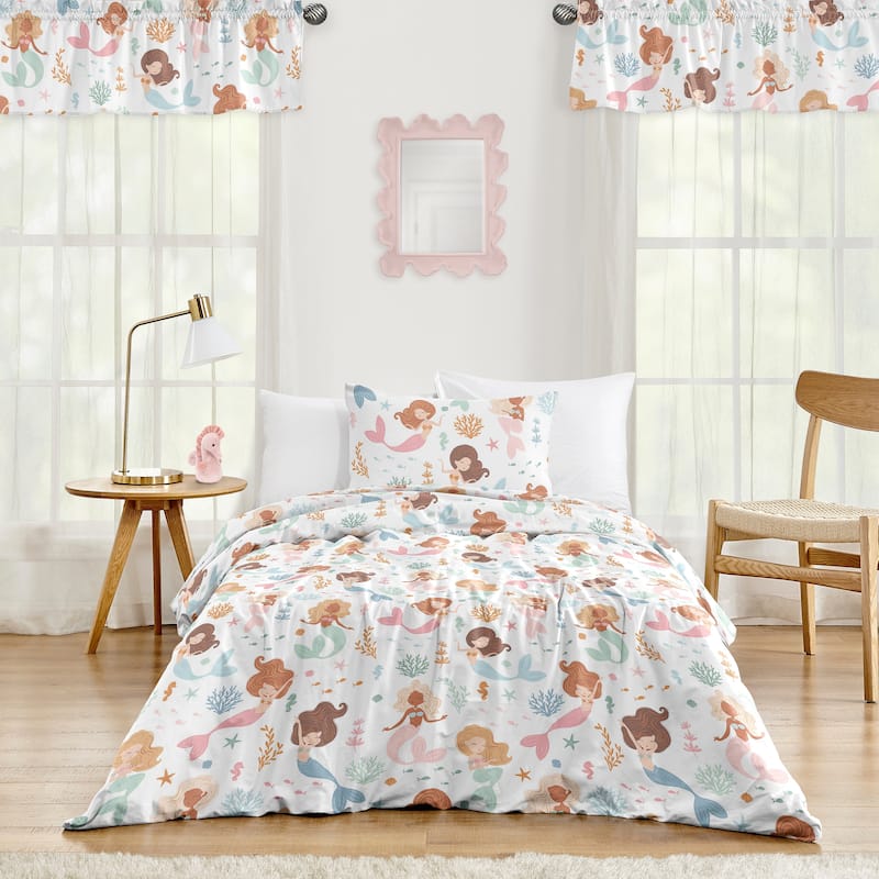 Sweet Jojo Designs Ocean Mermaids Girl 2p Twin Comforter Set Pink Teal Under the Sea Underwater Theme Fairytale Fish Blue Orange