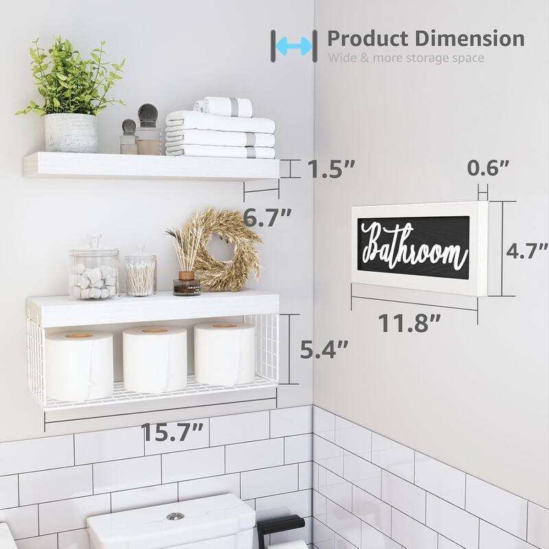 Toilet Bathroom Shelves - Paper Storage Wall Mount, Small Floating Shelves 2+1 Set