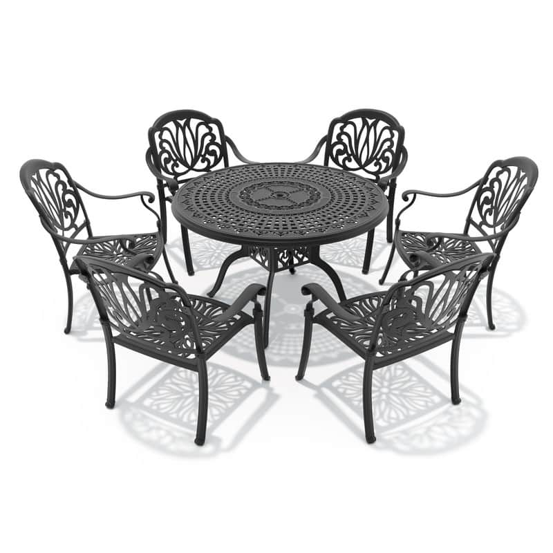 7-Piece Cast Aluminum Outdoor Dining Set with 47.24 in. Round Table and Seat Cushions