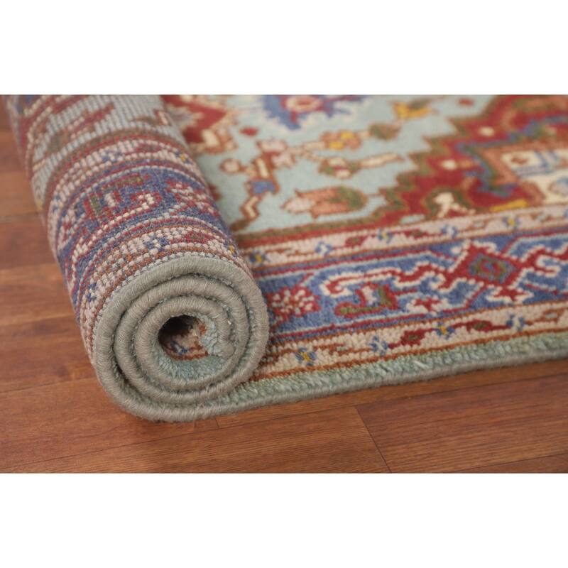 Turquoise Geometric Heriz Serapi Foyer Rug Hand-Knotted Wool Carpet - 3'0"x 4'11"