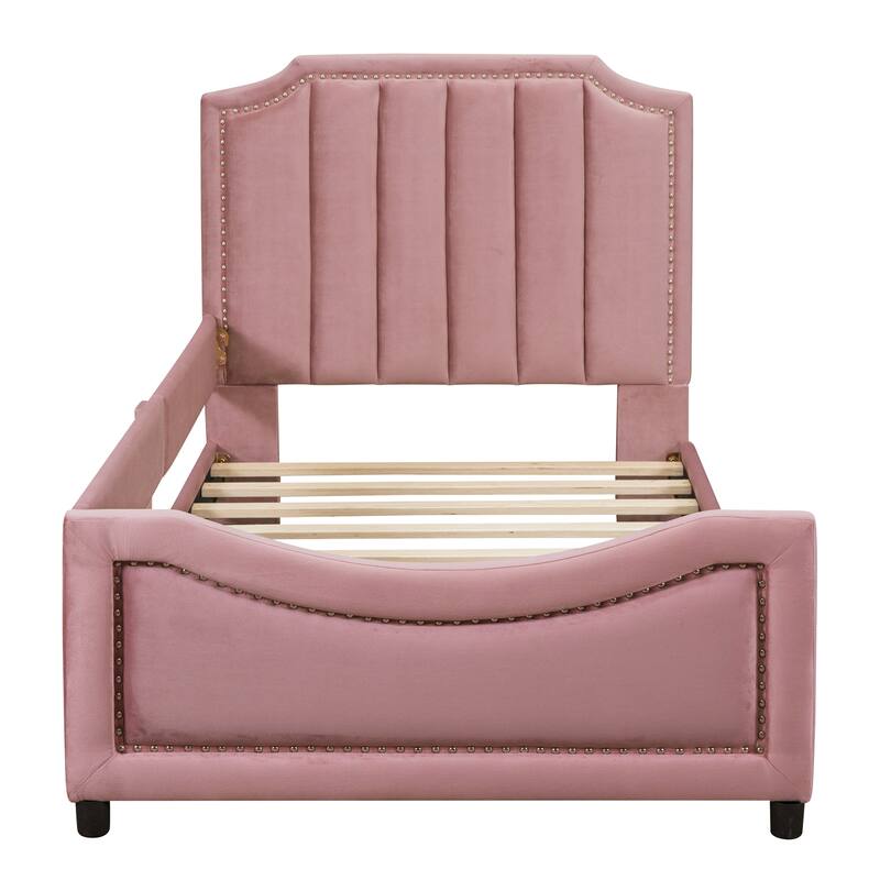 Twin Size Upholstered Daybed with Classic Stripe Shaped Headboard, Velvet Fabric & Sturdy Frame - Elegant Design