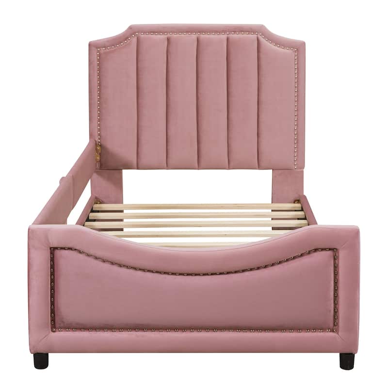 Twin Upholstered Daybed Velvet Platform Bed w/ Nailhead Trim