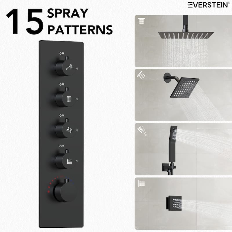 Dual Heads 16" Rainfall & High Pressure 6" Shower Head 3 Way Thermostatic Faucet System w/ 3 Body Jets