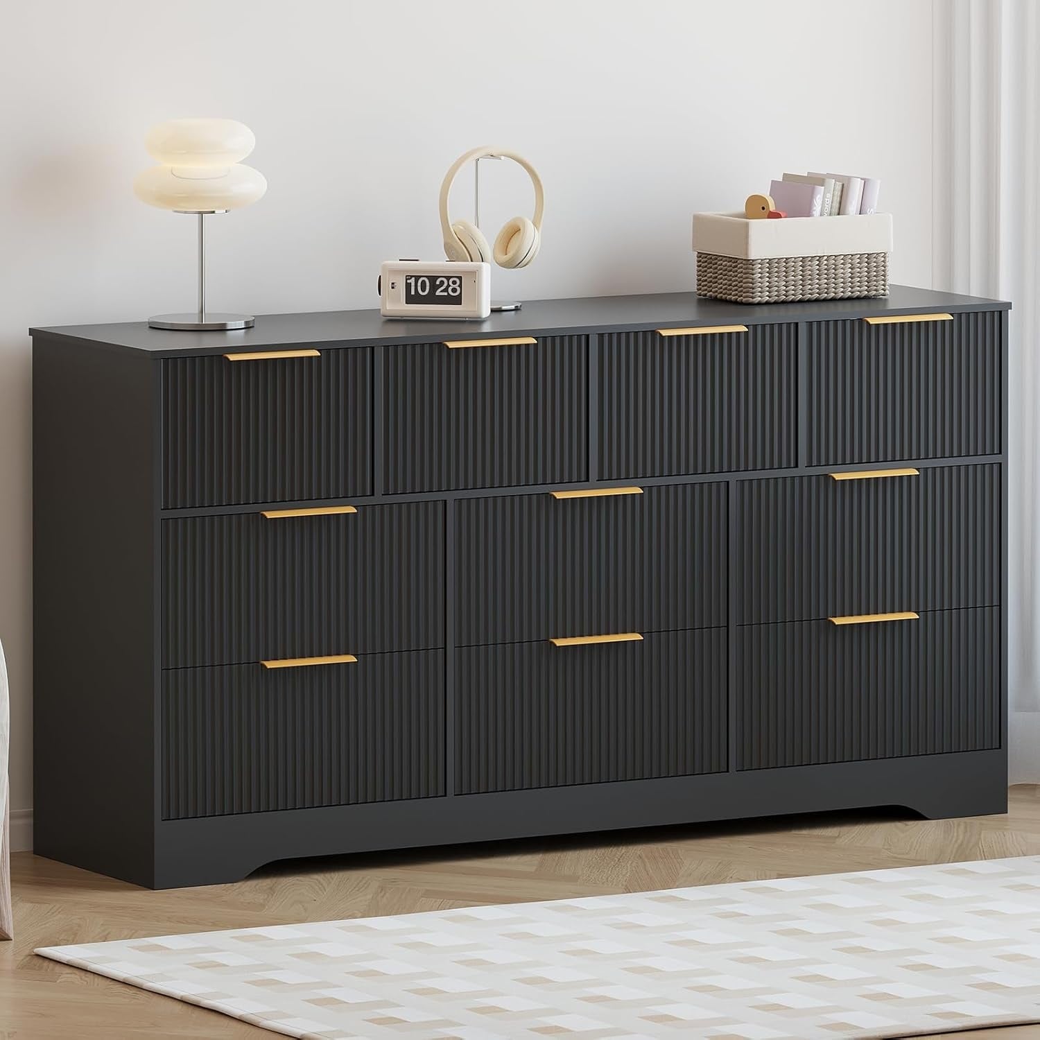 55" Fluted Dresser with Gold Handles, 10-Drawer Double Dresser Organizer, Modern Long Chest