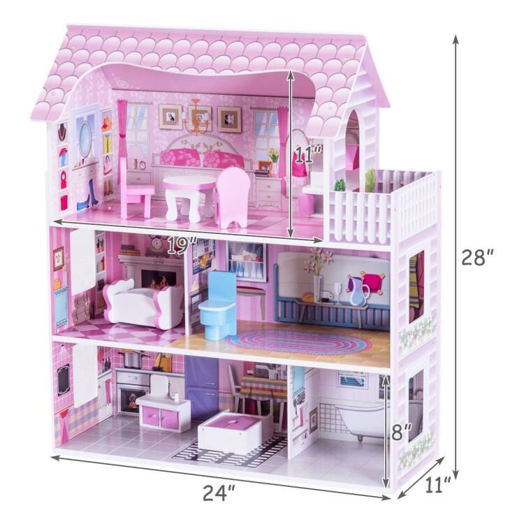 28" Pink Dollhouse with Furniture - 24" x 11" x 28"