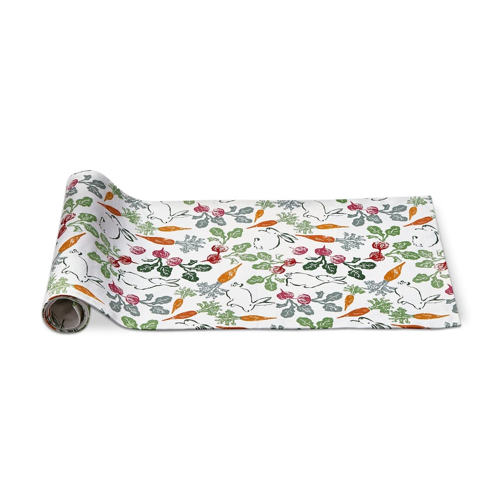 Veggie Bunny Radish, Carrot, and Bunny Print on White Background Cotton Table Runner Décor Decoration, 72" x 18"-in.