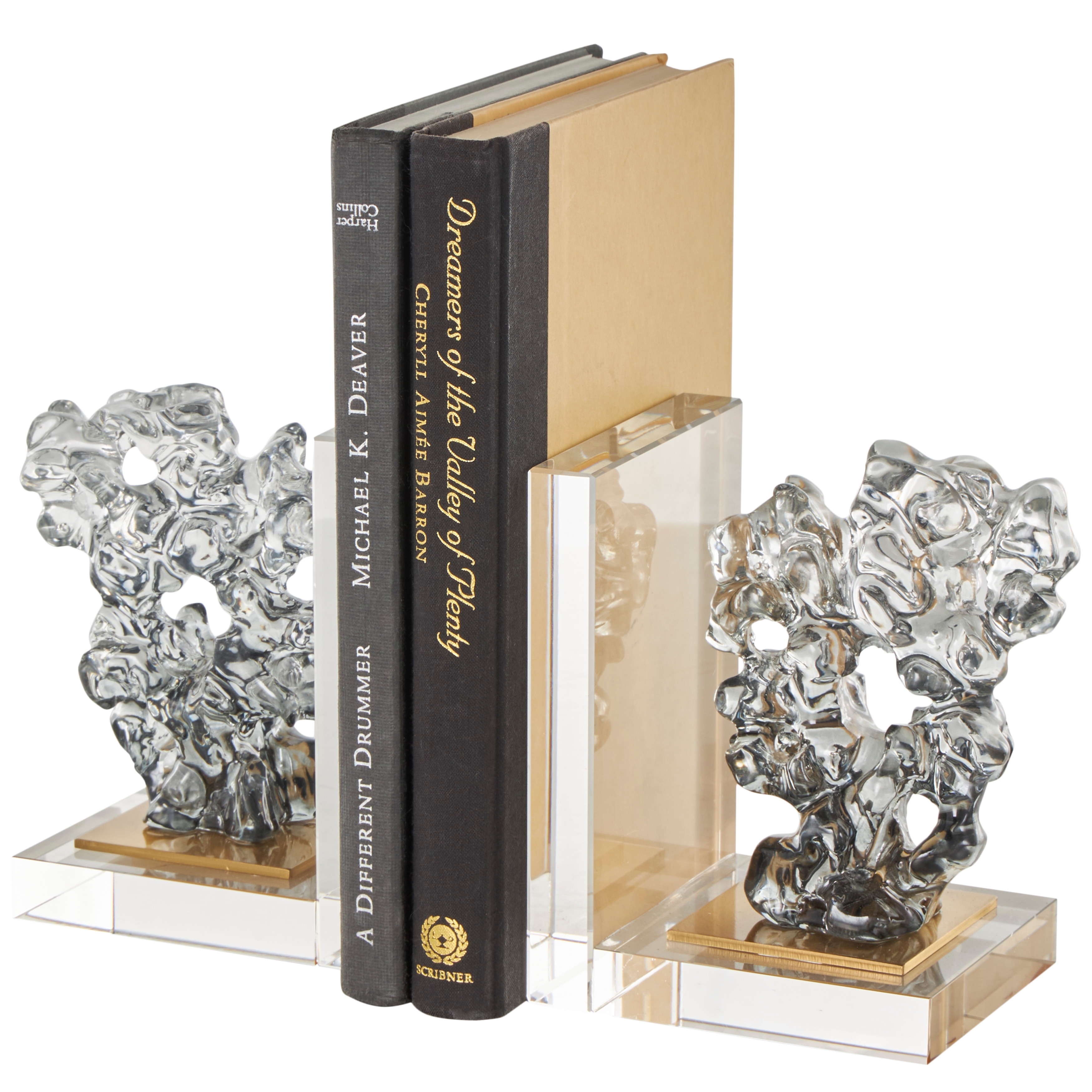 Roche River Decor - Glass Coral Handmade Freeform Bookends with Clear Gold Supports - Set of 2 Clear - 4"W x 5"L x 6"H