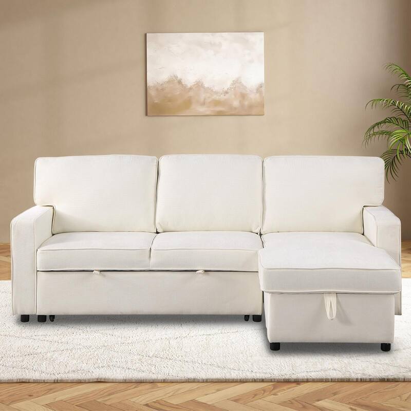 Chenille L-shaped Sectional Sofa with Pull Out Sleeper Bed, Reversible Storage Chaise, Folding Cup Holders and Charging Station