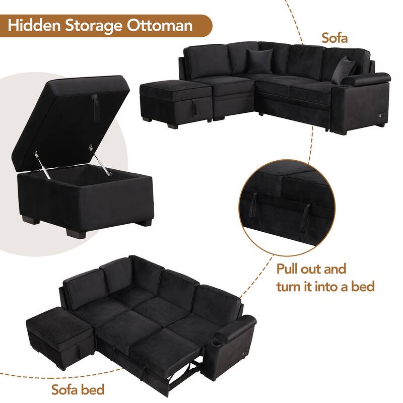 Black 84.75'' L-Shaped 5-Seat Sleeper Sofa Bed with Storage Ottoman and Pull-Out Bed, Ideal for Living Room Use