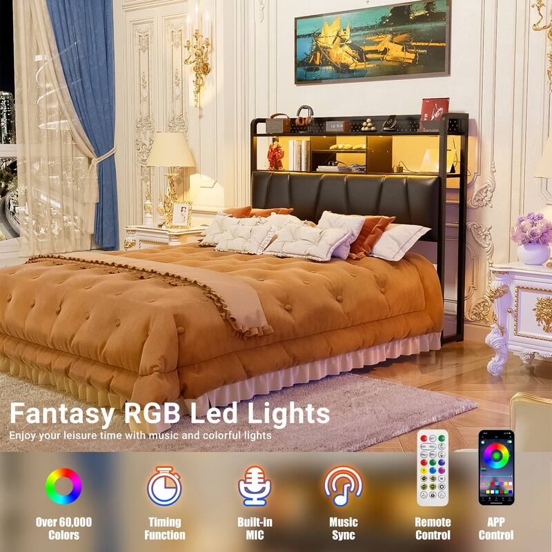 Upholstered Headboard with Pegboard and Charging Station, Storage Headboard Shelves and LED Light