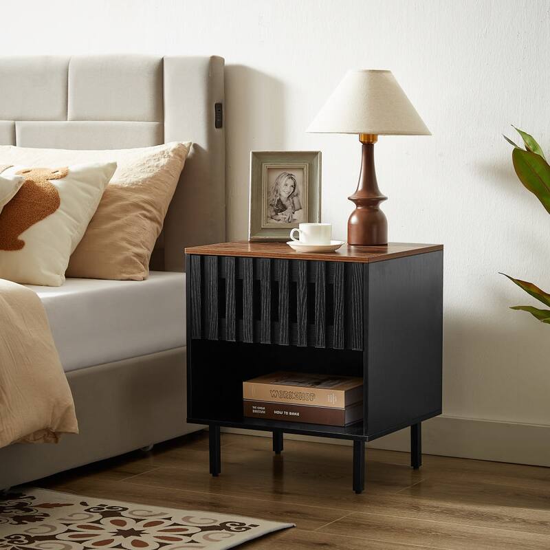 Vintage Nightstand with Slatted Drawer and Open Shelf, Set of 2