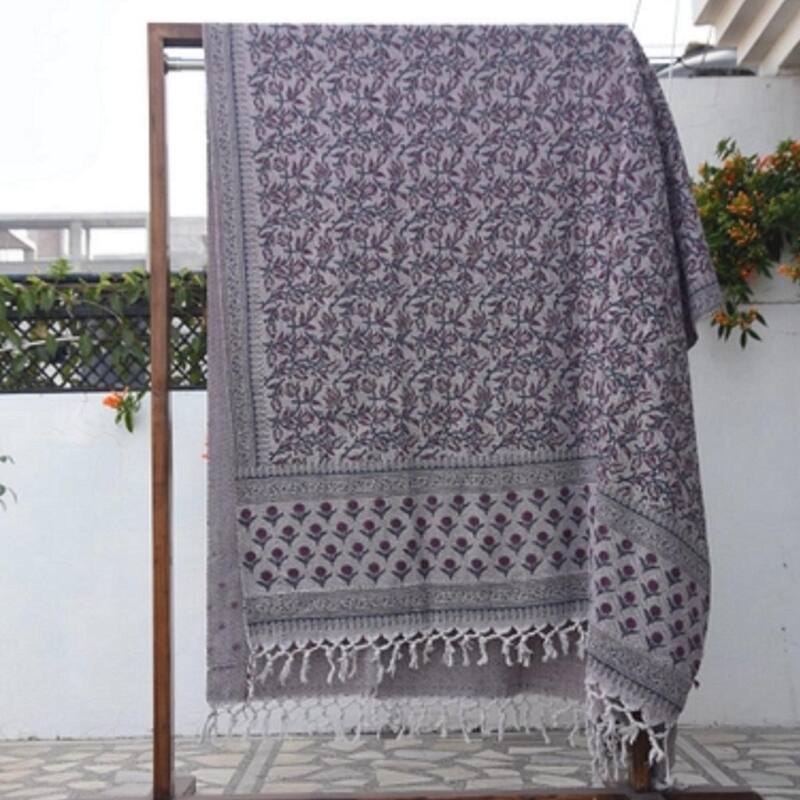 Fabdivine Kamal Dutta Handwoven Cotton Throw Blanket - Floral Block Print, Cozy Sofa & Bed Accent with Natural Fringe, 90"x54"