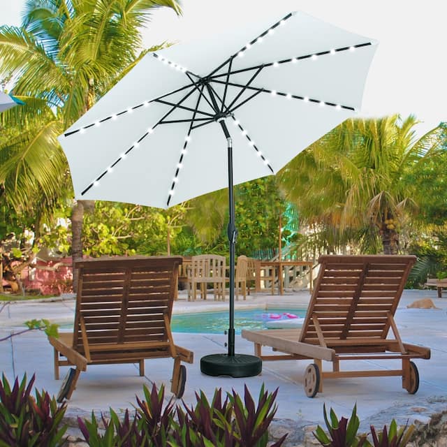 Ainfox 10ft Patio Umbrella with Lights Outdoor Solar Umbrella - White with Base