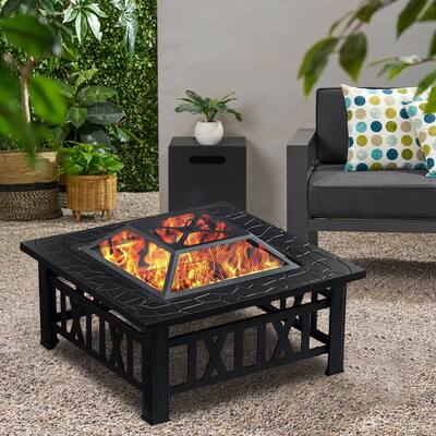 Javlergo Outdoor Fire Pit Table, Square Fireplace with Spark Screen Lid and Poker