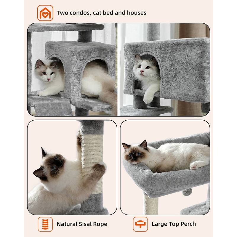 Cat Tree with Large Top Perch, Plush Hammock, 2 Condos, Dangling Pompom & Cat Scratching Posts