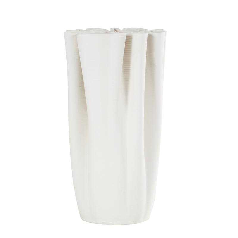 White Ceramic Ribbed Dimensional Folded Abstract Vase with Compact Wavy Rim