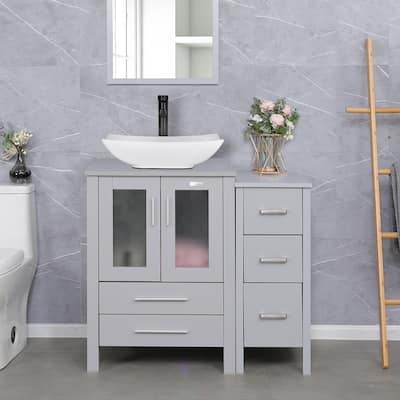 36" Bathroom Vanity Sink Gray Set with Side Cabinet Vessel Sink Faucet Combo