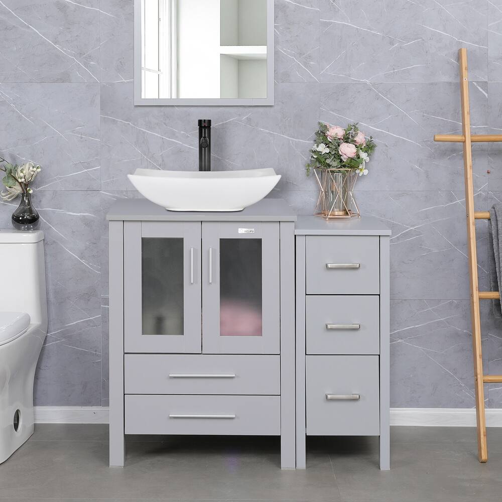 36" Bathroom Vanity Sink Gray Set with Side Cabinet Vessel Sink Faucet Combo