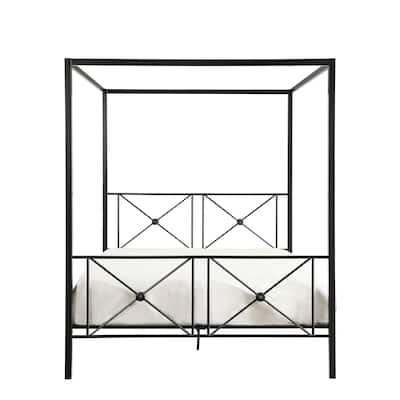 Queen Size Metal Canopy Bed with X-Frame Design and Platform Base