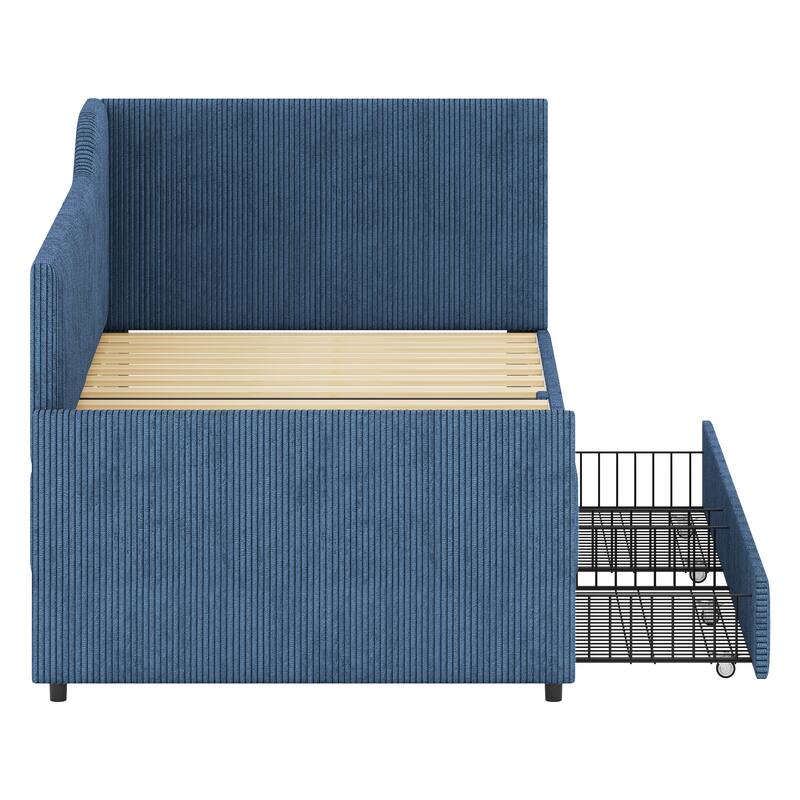 L-Shaped Twin Daybed with Storage Drawers, Corduroy Upholstered Frame, Blue