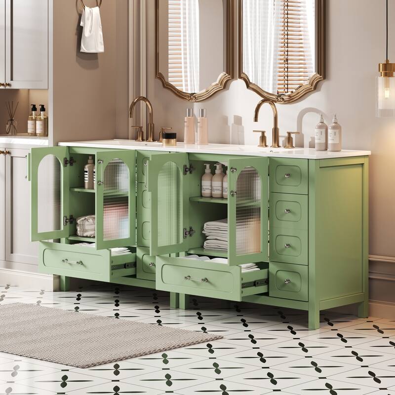 Freestanding Bathroom Vanity in Green with White Integrated Ceramic Sink