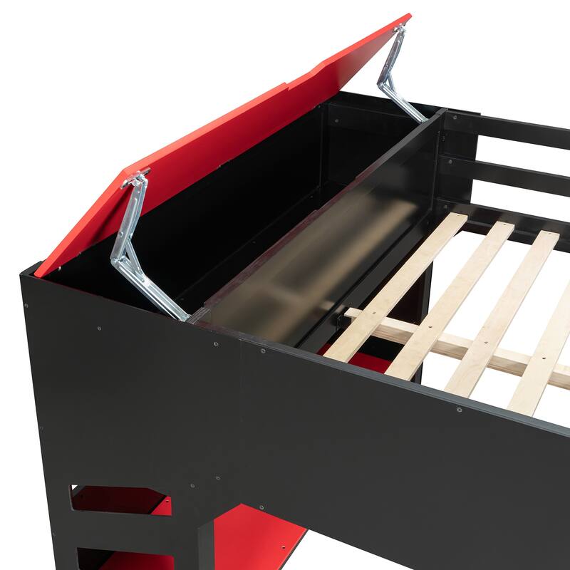 Full Size Loft Bed for Esports, Work with Built-in Adjustable Desk, Hidden Storage Headboard, RGB Light Strips and Hanging Rod