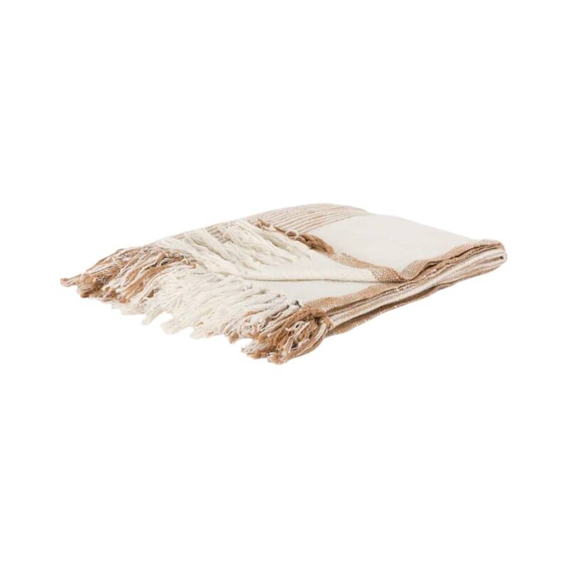 HomeRoots 50" X 60" Ivory Cotton Woven Striped Throw Blanket with Fringe