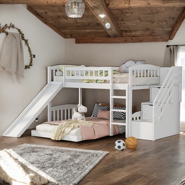 slide 2 of 18, Twin Over Twin Bunk Bed With Two Drawers and Slide for Bedroom