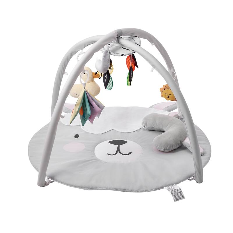 Grey Multi-Functional Soft Plush Fabric Baby Play Mat with Tummy Time Pillow and 5 Sensory Toys - 39.1” x 32.7” x 21.7”