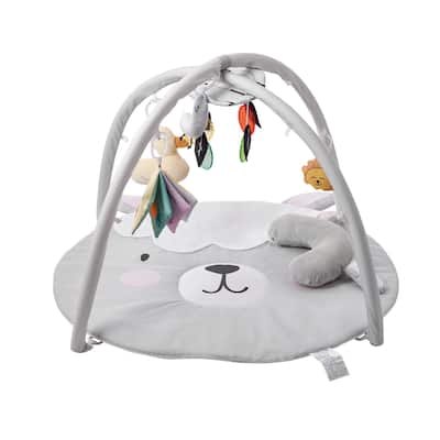 Grey Multi-Functional Soft Plush Fabric Baby Play Mat with Tummy Time Pillow and 5 Sensory Toys - 39.1” x 32.7” x 21.7”
