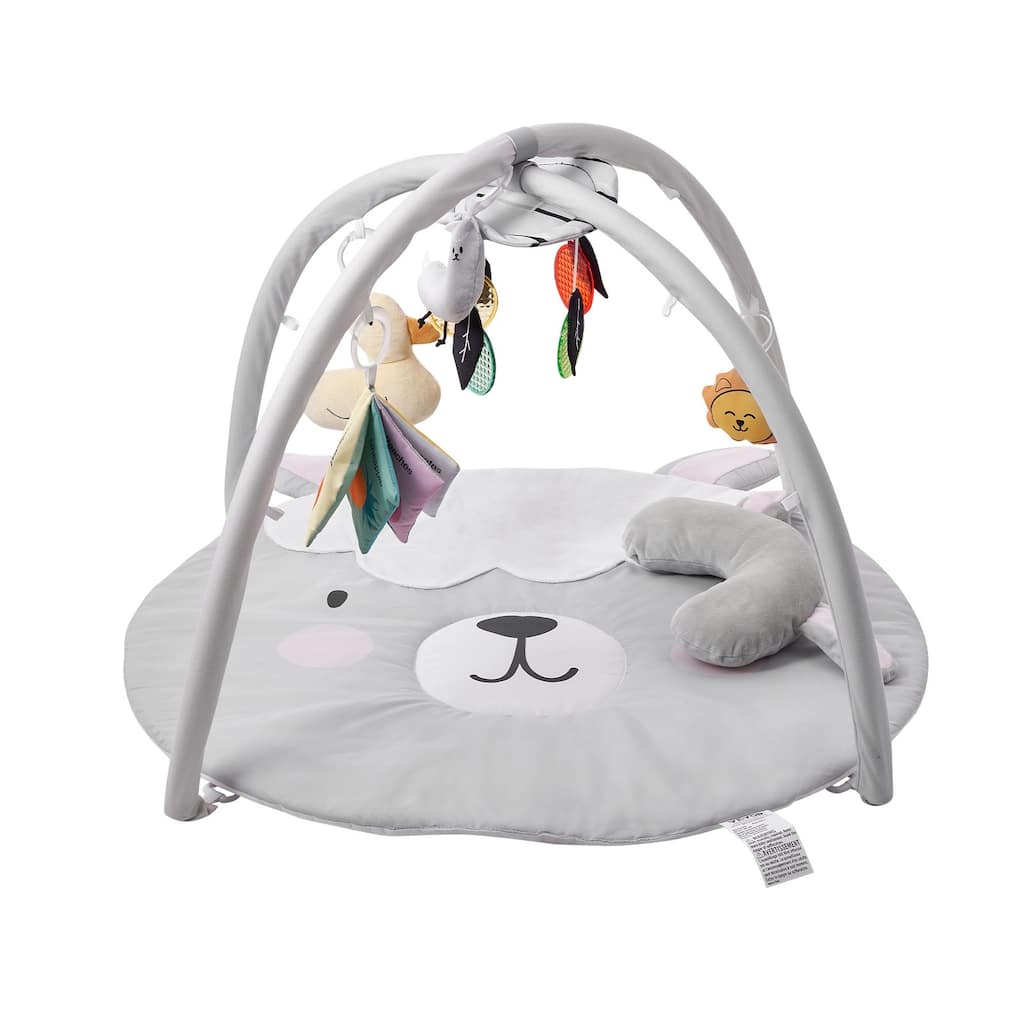 Grey Multi-Functional Soft Plush Fabric Baby Play Mat with Tummy Time Pillow and 5 Sensory Toys - 39.1” x 32.7” x 21.7”