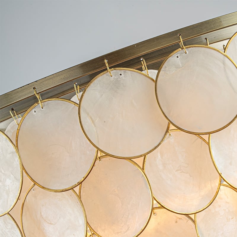 Wide Modern Coastal Aged Bronze Natural Capiz Shell Tiered Flush Mount Vintage Glam Ceiling Light For Living Room