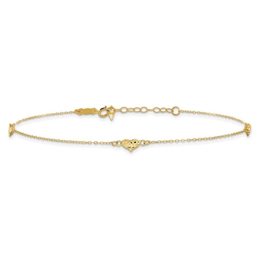 Curata Women's 14k Yellow Gold 9" Sparkle-Cut Triple Puffed Hearts Anklet