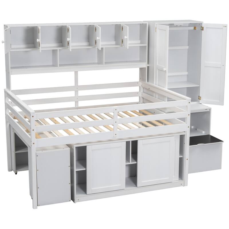 Full Size White Loft Bed with Storage, Desk, Drawers, and Shelves